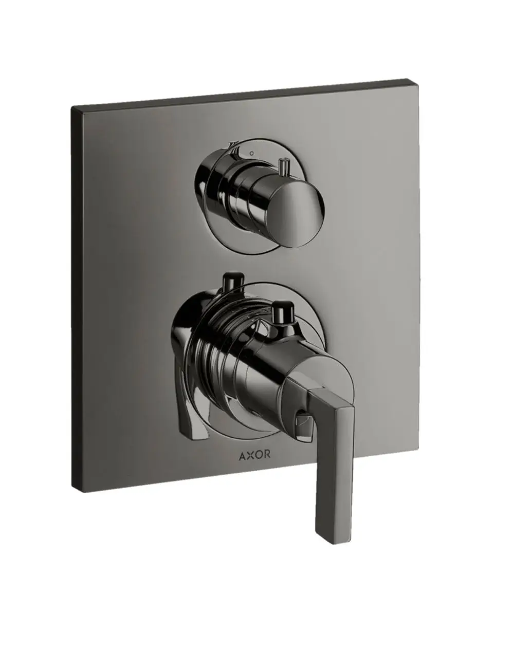 Wandmontiertes Temperatursteuergerät mit zwei Hebeln in Polished Black Chrome, beschriftet, mit der Marke AXOR, zur Regulierung von Wasser- und Temperaturströmen.